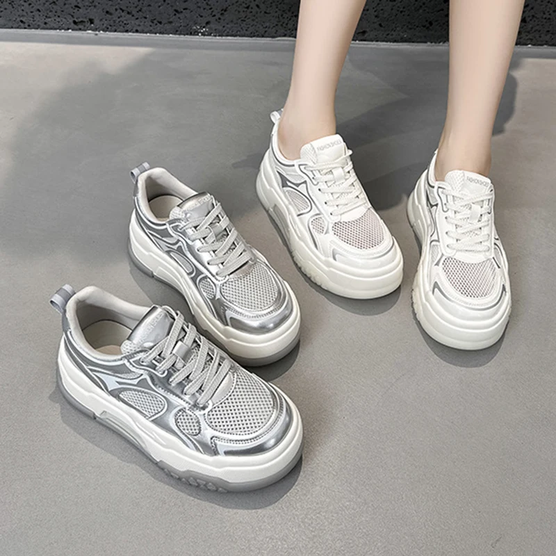 

Summer Mesh White Shoes Women Breathable Mesh Chunky Fashion Lace-up Thick Bottom Height Increasing Casual Trainers Size 35-40