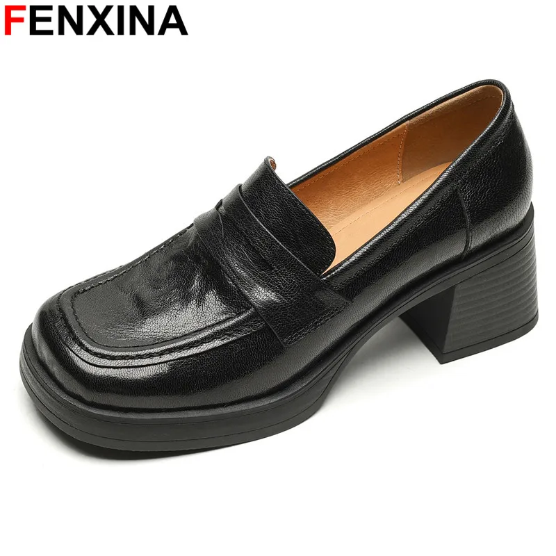 

FENXINA Size 34-40 New Genuine Leather Shoes Women Pumps Square High Heels Slip On Ladies Office Dress Shoes Black Brown