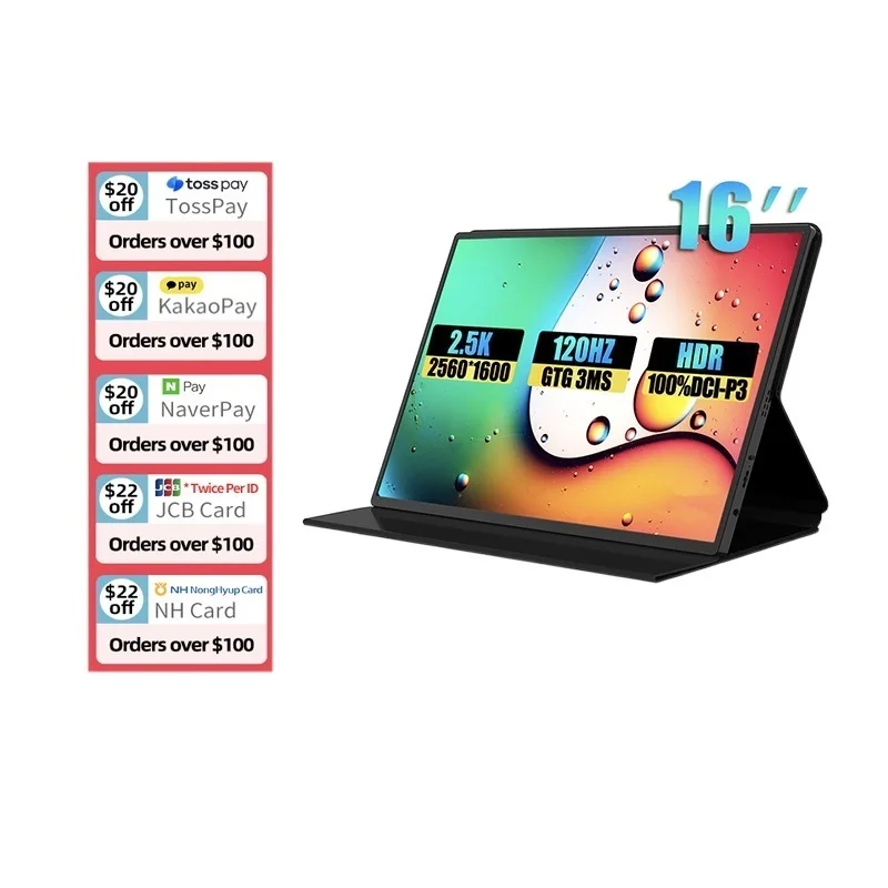 노트북 맥 폰 Xbox PS4/5 용 휴대용 모니터, 16 인치, 2.5K, 120Hz, 2560x1600 16:10, 100% sRGB, 480Cd/m² 디스플레이 게임 화면, 신제품
