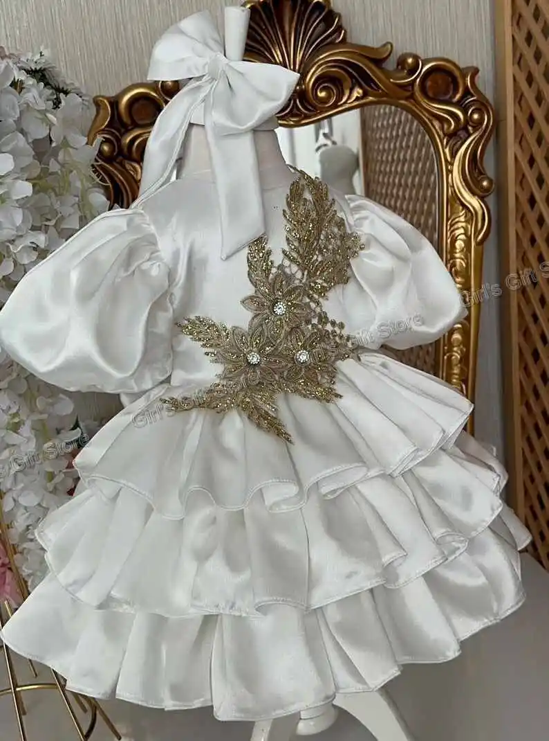 

Tiered Satin Flower Girl Dresses Sequin Beaded Lace Wedding Short Party Birthday Puffy Balloon Sleeve Holy Communion Gowns