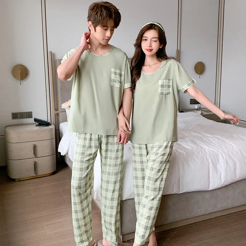 Couple's Pajamas Suit Round Neck Short Sleeve Long Pants Big Size Pajamas Set Summer Nightgowns For Adult Home Clothing Thin