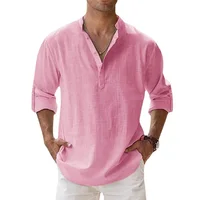 Chemises à manches courtes pour hommes, en coton et lin, couleur unie, col Henley, décontracté, Style plage, vacances hawaïennes, offre spéciale, été 4