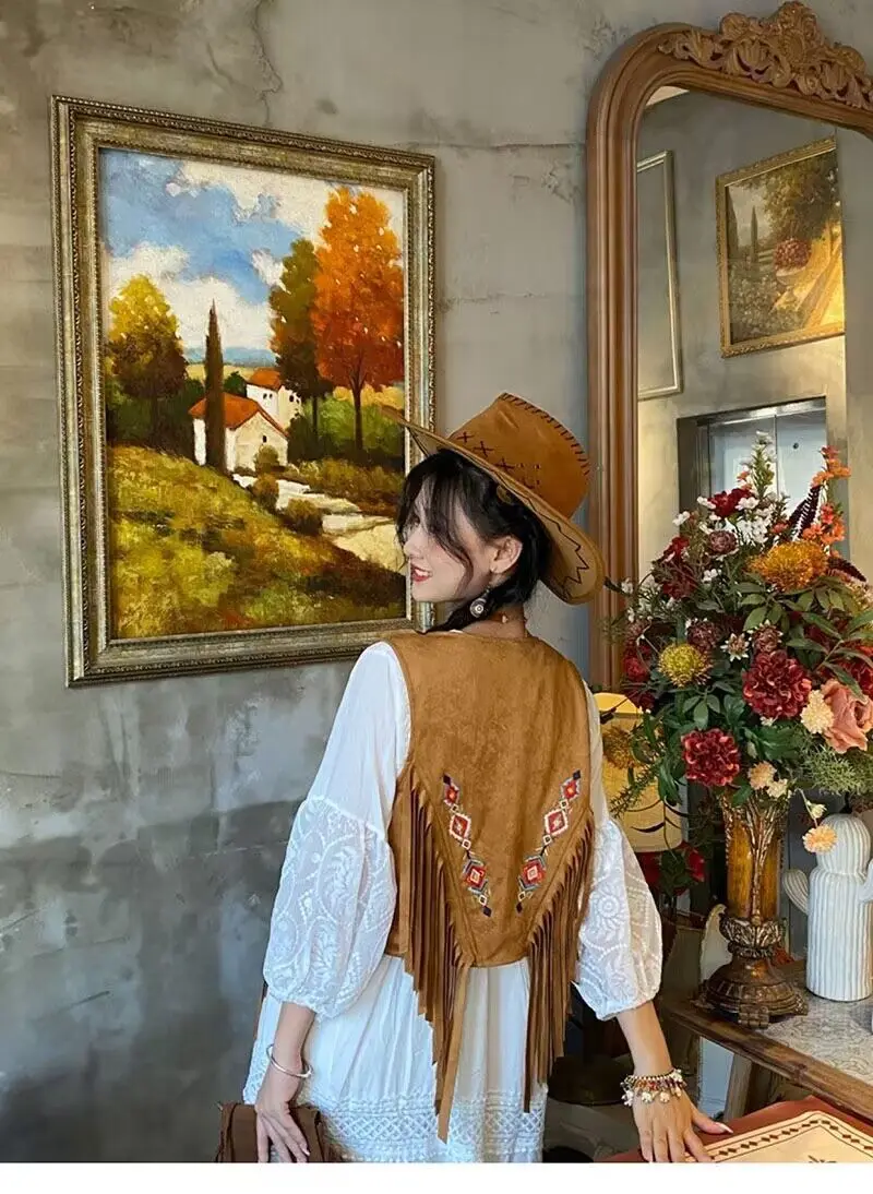Gilet Lungo Con Frange E Rivetti Per Donna - Giacca Aperta Senza Maniche Stile Hippie Western Anni '70