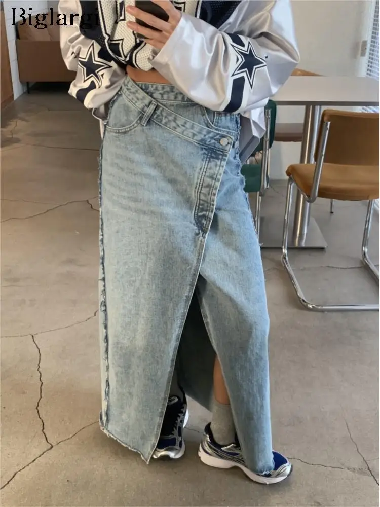 

Denim Autumn Long Skirt Women Irregular Fashion High Waist Split Ladies Skirts Vintage Korean Loose Pleated Woman Skirt 2023