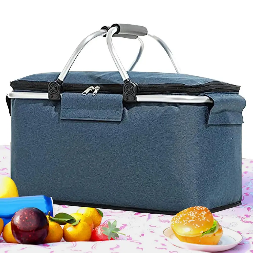 Insulated Picnic Basket Portable Flodable Grocery Bags Leakproof Cooler Bag Basket With Handle Large Capacity Camping Travel