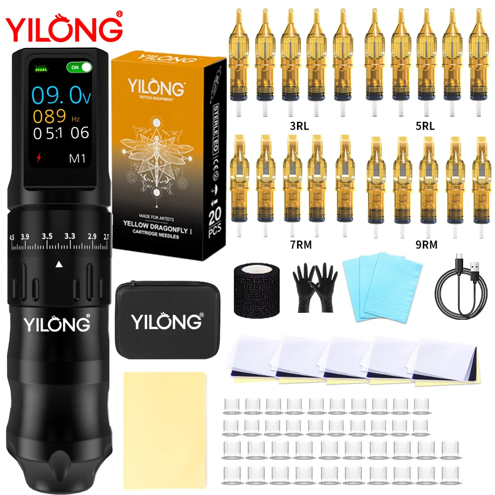 Tattoo Pen Kits YILONG Professional Wireless Pen Tattoo Machine Kit Adjustable Stroke 2.7mm-4.5mm Tattoo Gun With Cartridges For Body Art