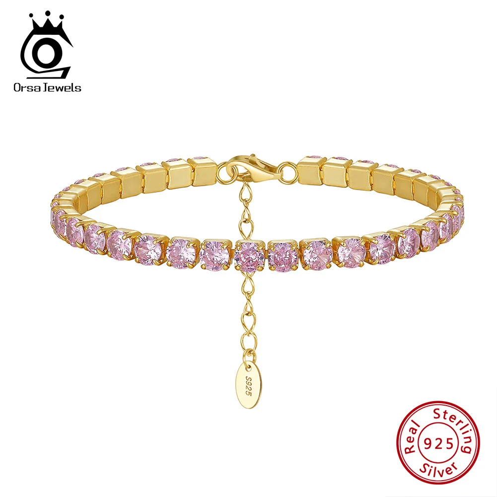 

ORSA JEWELS 925 Sterling Silver Brilliant 4.0mm Pink CZ Tennis Bracelet Luxury Chain Bracelet for Women Party Jewelry SB193