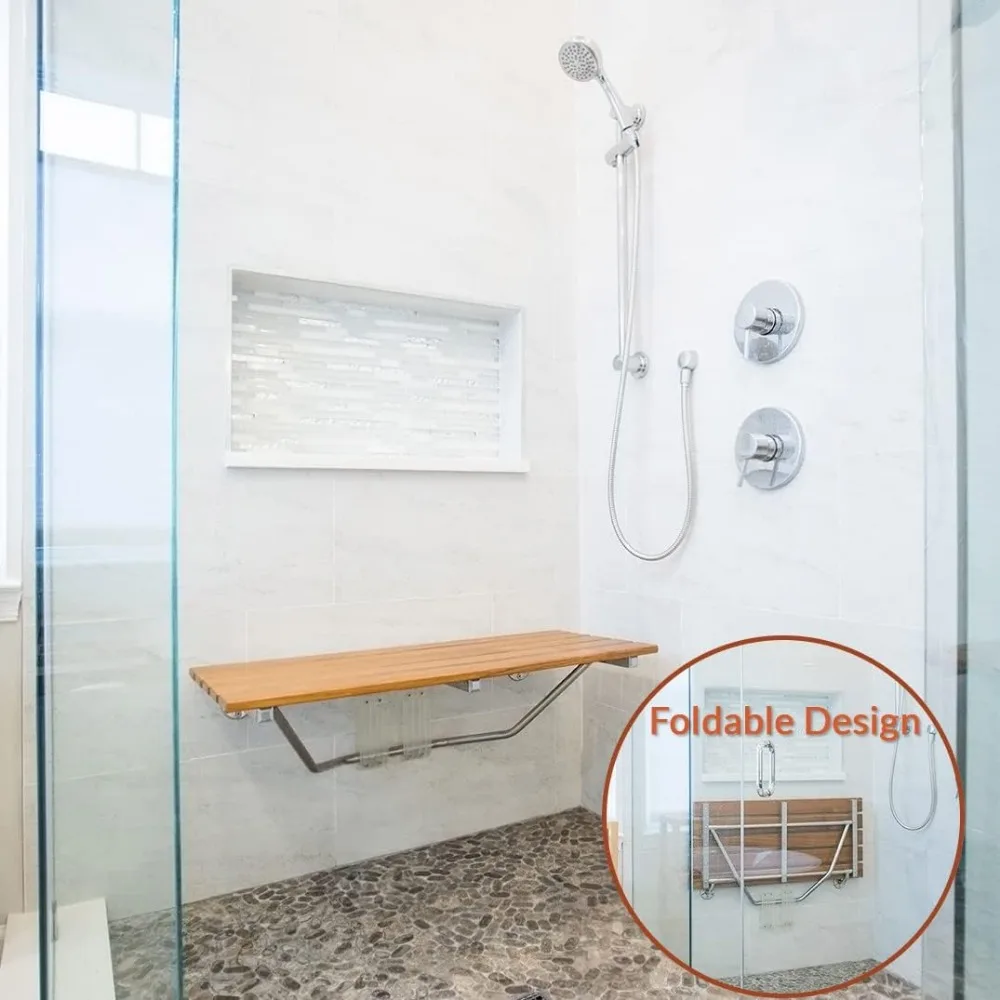 36" ADA Compliant Foldable Teak Wood Shower Seat Bench, 400lb Capacity, Clear Coated for Extra Protection, Folding Wall Mount 4