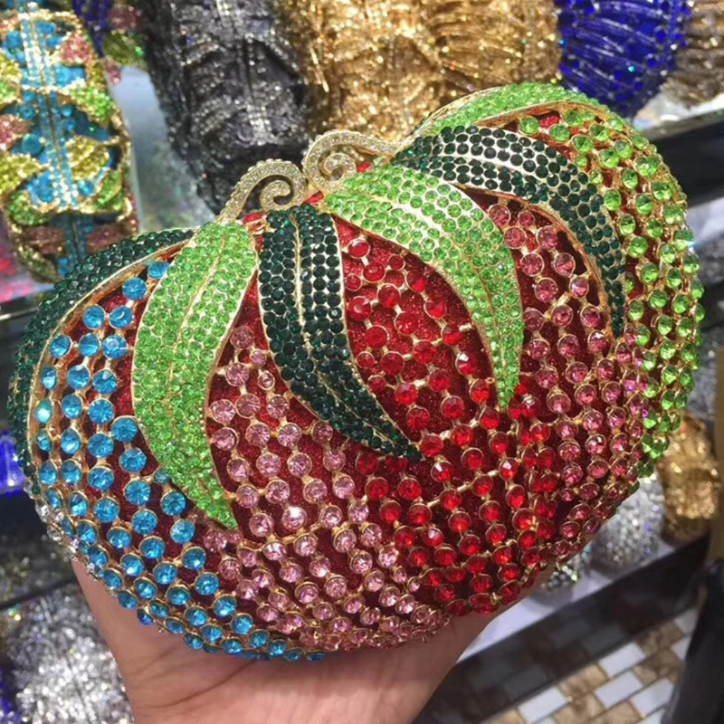 

WHTUOHENG Blue/Pink/Green Evening Purses Luxury Pumpkin Shape Crystal Clutch Bag For Women Party Prom Phone Clutches