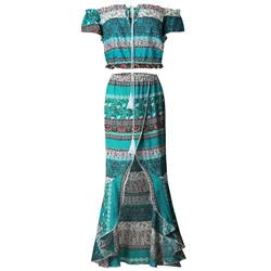 New Women Printed Slash Neck Ankle Length Bohemian Dress Spring Bow Backless Off Shoulder High Slit Line Dress Two Piece Suit