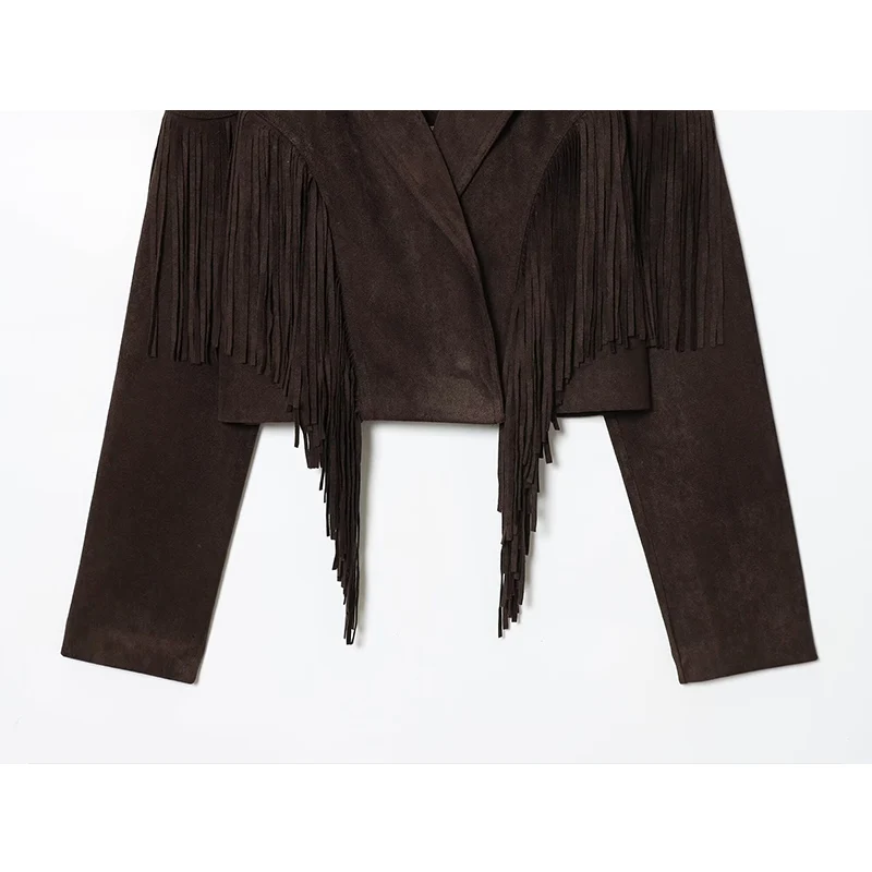 Women Cropped Suede Jacket Elegant Lapel Long Sleeve Tassel Short Coat New Causal Autumn Lady Streetwear Outerwear 2025 ﻿ ﻿