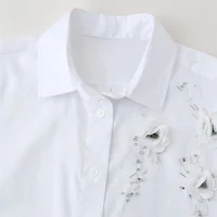 UNIZERA 2024 Summer New Women's Fashion Style Polo Collar Long Sleeves Asymmetric Hem Flower and Jewelry Decorative Shirt 3