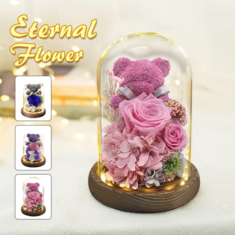 

Led Eternal Flower With Bear Forever Rose Valentines Day Mother's Day Artificial Flower Special Romantic Gift For Mom Women Girl