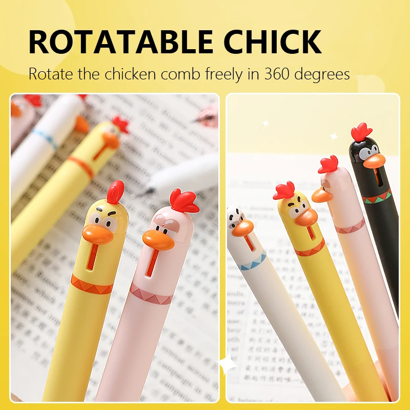 4 Pcs/Set Cute Chick Design Retractable Gel Pen 0.5mm Quick-Drying Black Ink Pens Funny Stress Relief Stationery Students Office