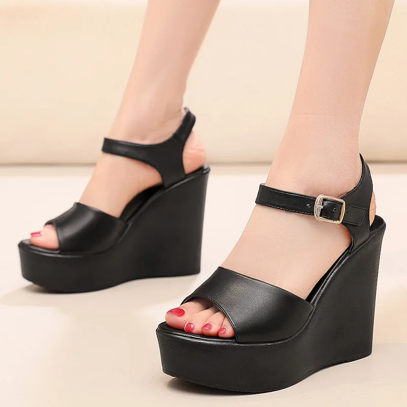 

33-43 Fashion Genuine Leather Platform Sandals Women Dress Shoes 2024 Summer Beach Wedge Sandals Female Peep Toe Sandals 11CM