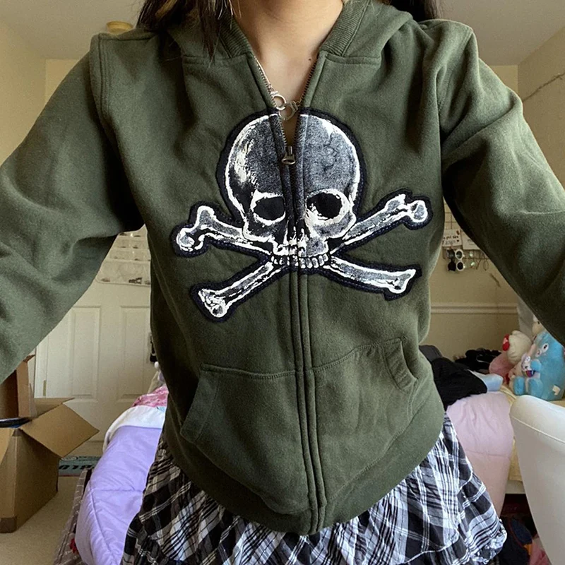 Y2K Aesthetics Vintage Grunge Zip Up Hoodies 2000s Retro Skull Print Green  Sweatshirts E-girl Gothic Mall Goth Dark Academia