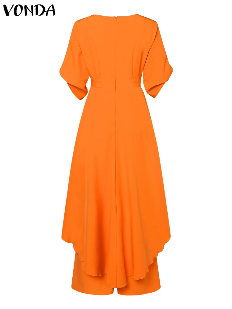 VONDA Elegant Women Pant Sets 2024 Summer Long Sleeve Ruffled Long Tops and High Waist Wide Leg Pants Casual 2pcs Solid Suits