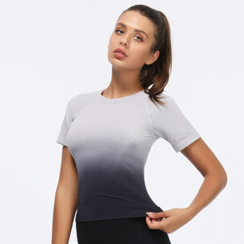Women's Yoga T-shirts Gradient Quick Dry Short-sleeve Stretch Tight Shirt Gym Crop Top Sports Fitness Tops for Women