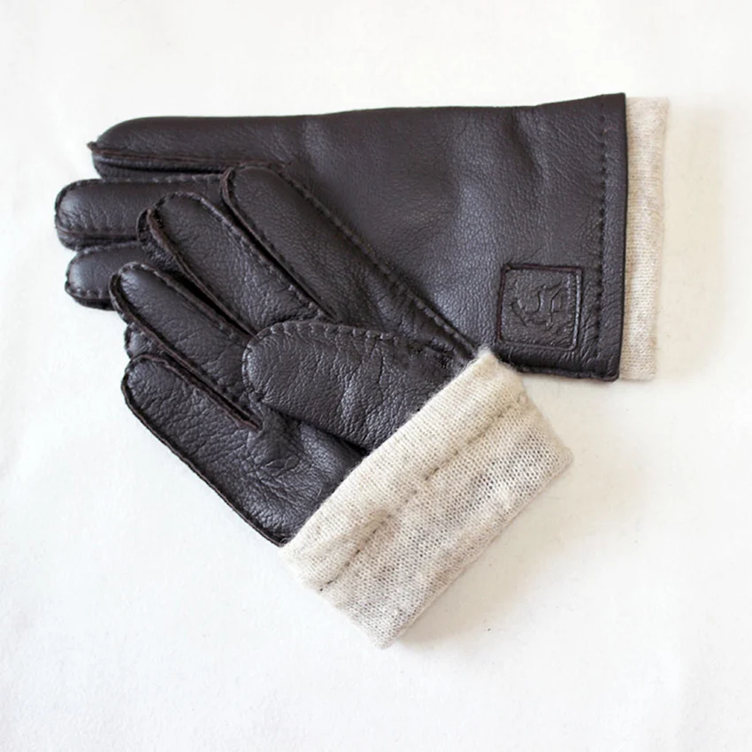 Deer Skin Gloves Men's Touch Screen Dark Brown Genuine Leather Retro Style Autumn and Winter Warm Motorcycle Riding Gloves
