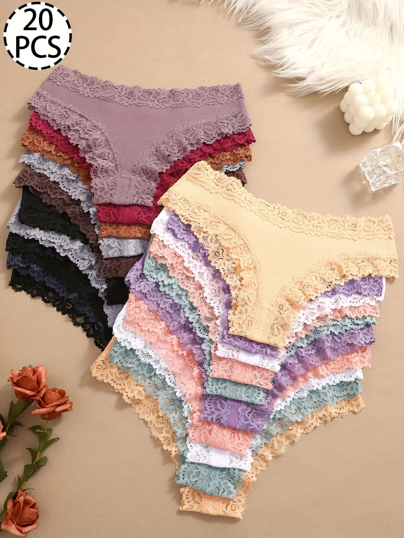 20Pcs Women's Sexy Lace Trim Panties Set | Multi-Color (Black/Red/Purple) | Brazilian Thongs/V-Strings | Drop Waist Design