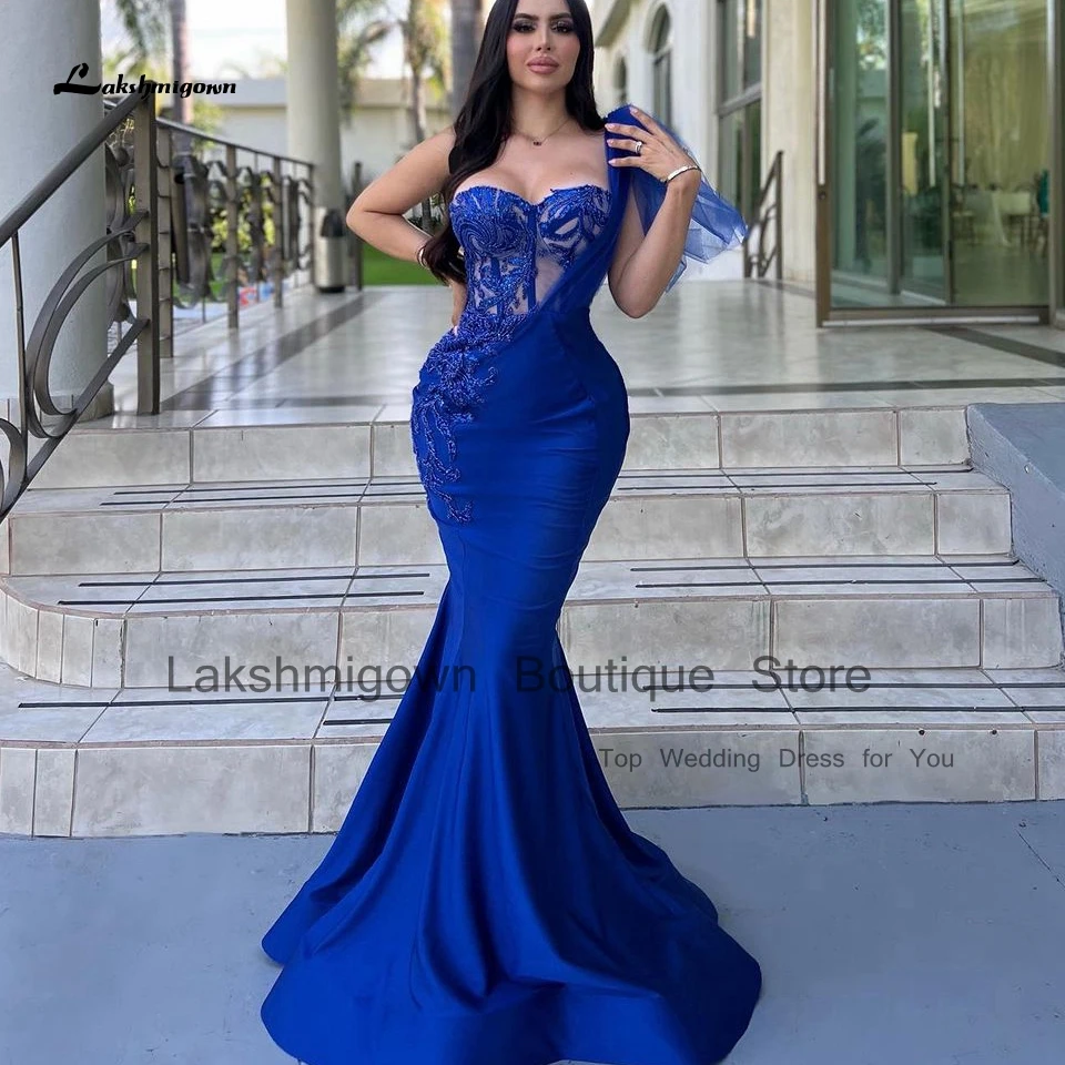 

Lakshmigown Arabic Women Royal Blue Mermaid Evening Dress 2024 Vestito Donna One Shoulder Formal Wedding Prom Party Gowns