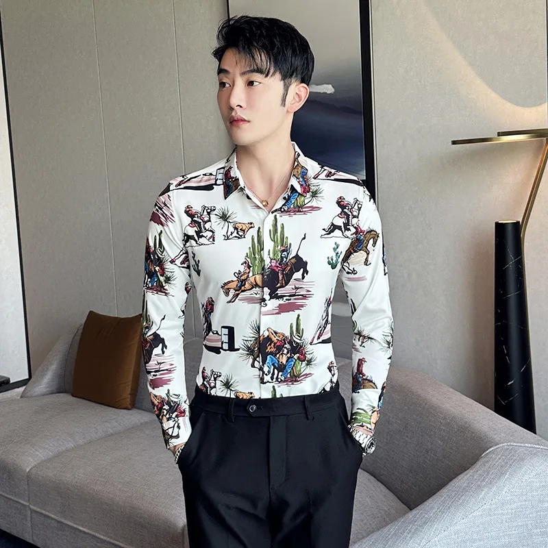 Men's Luxury Design Dress Shirt Long Sleeve Button Down Printed Shirt for Men
