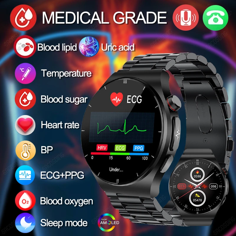 

2023 New Noninvasive Blood Sugar Smart Watch Health Blood Lipid Uric Acid Monitor ECG+PPG Watch Smart Bluetooth Call Smartwatch