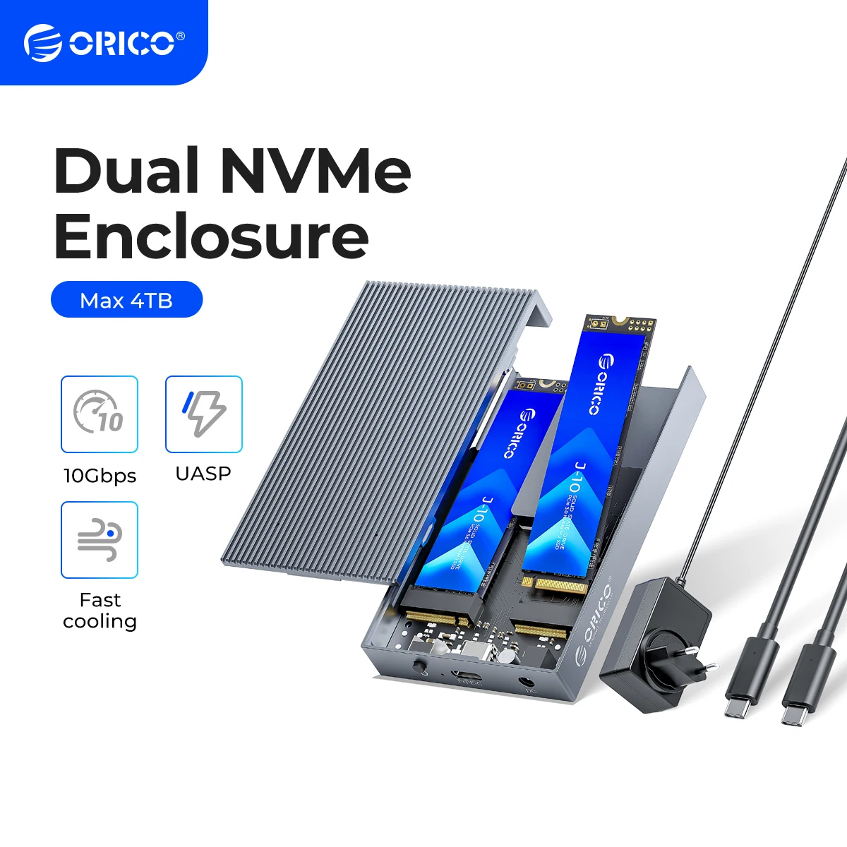 Orico – Boîtier Double Baie En Aluminium Pour Ssd Nvme M.2, Usb C 3.1 Gen2,  10gbps, Pour Clé M Et Clé M/b, Pcie, Avec Adaptateur D'alimentation 5v 4a - Boîtier  De Disque