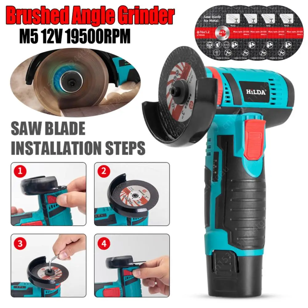 Electric Grinder Angle Grinder Electric Angle Grinder 12V Brushed Mini Cordless Angle Grinder 19500RPM Polishing Machine 300W 2000mah Diamond Cutting Grinder Rechargeable Power Tool