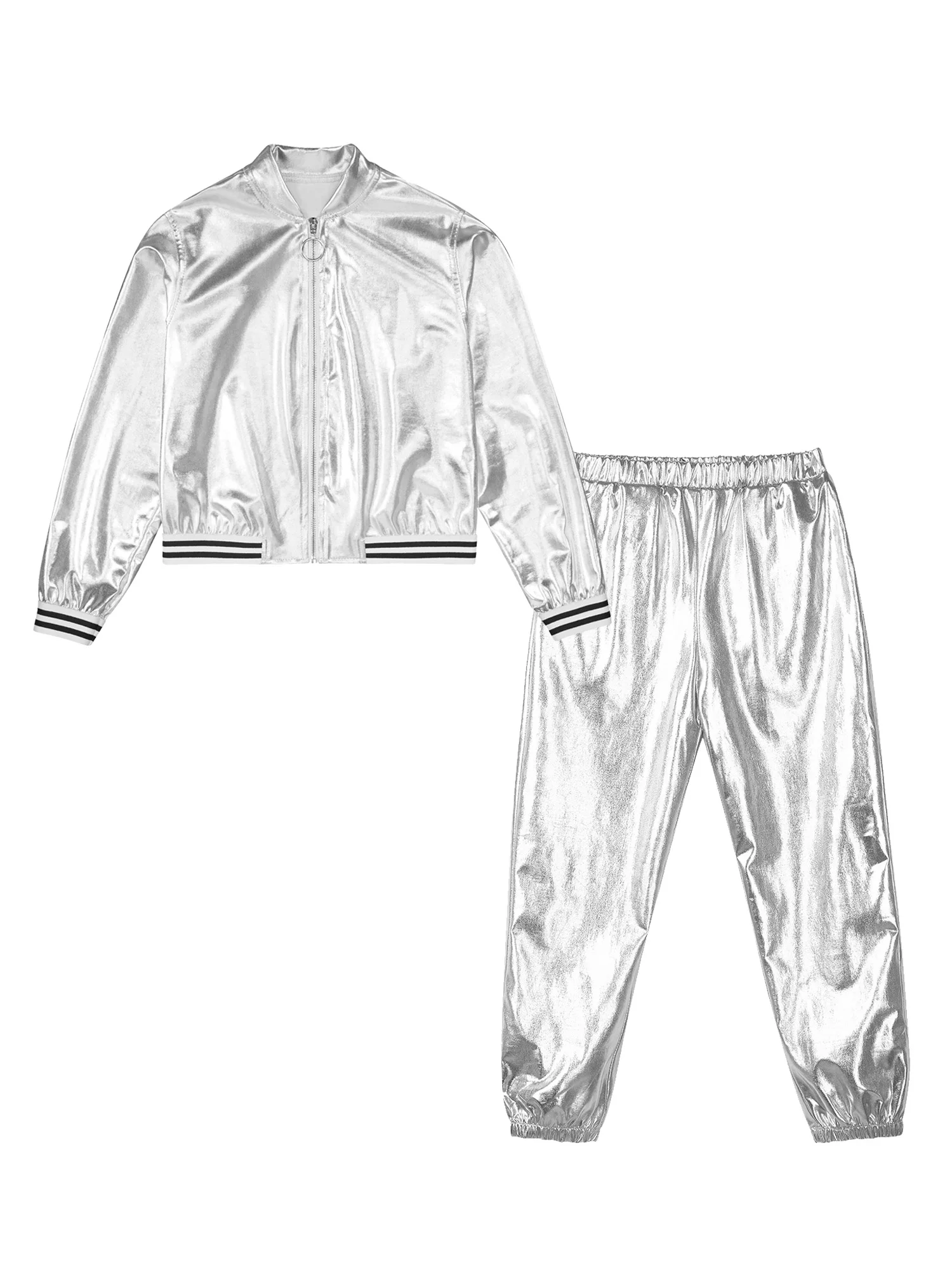 Kids Girls Jazz Hip-hop Dance Costume Sports Street Dancing Performance Outfits Shiny Metallic Jacket Bomber Coat with Pants