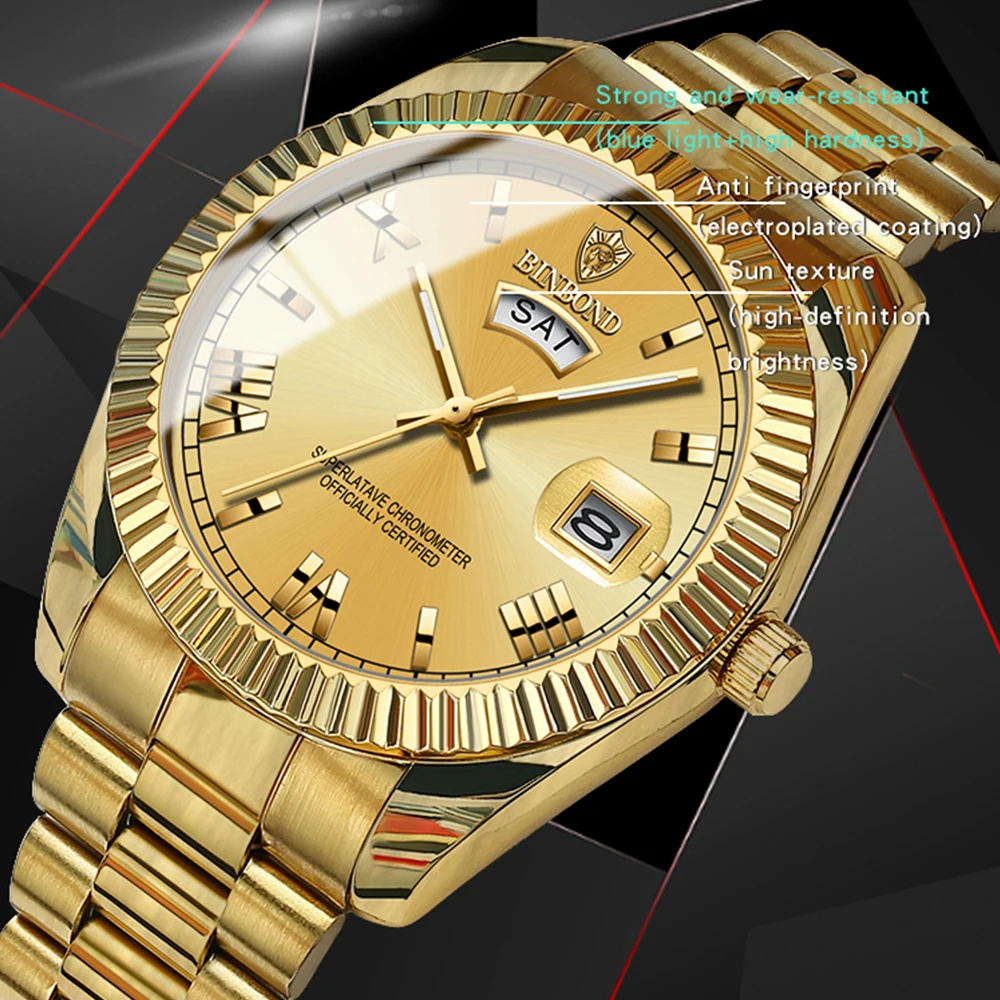 

Stainless Steel Day-Date Watch for Men Famous Brand Vintage Luminous Waterproof Quartz Watches Luxury 18K Gold Original Relojes