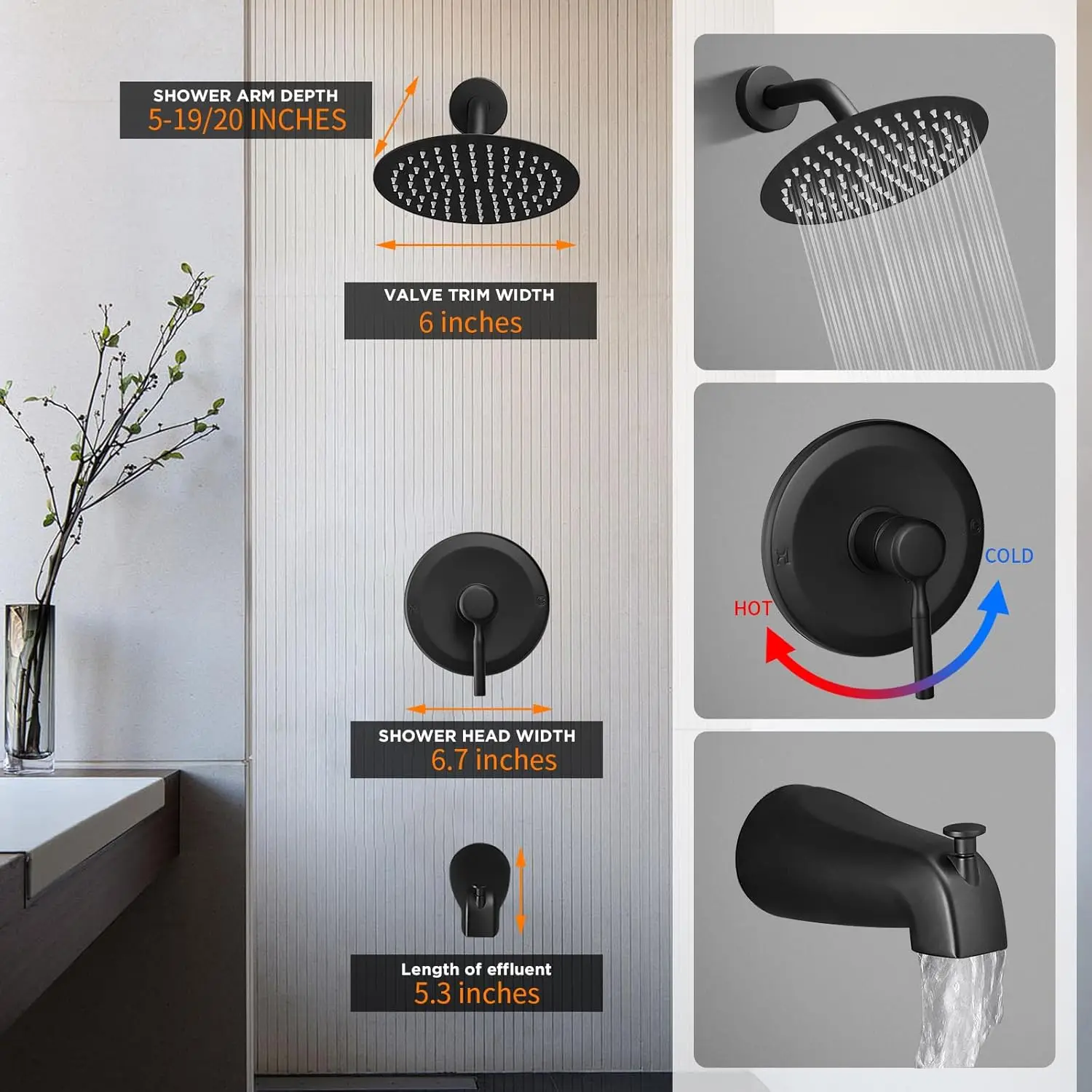 Tub Shower Faucet Set Valve Included with 6-Inch Rain Shower Head and Tub Spout Single-Handle Tub and Shower Trim Kit Matte 3