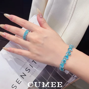 Fine Jewelry Artificial Sea Blue Aquamarine Gemstone Bracelet Set Women 925 Silver Gold Plating