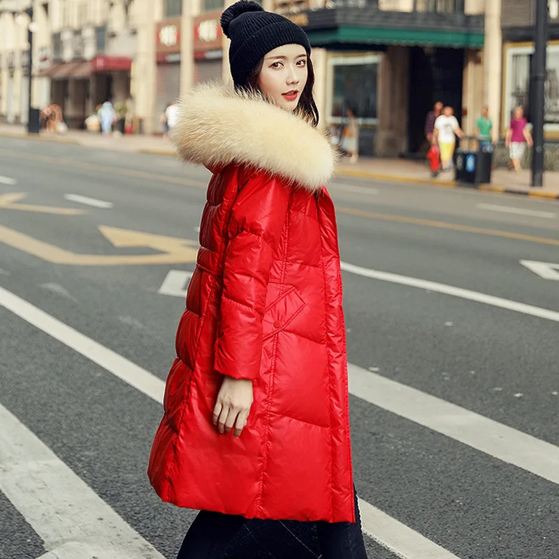 Women Hooded Down Jacket Medium Length Winter Thick Raccoon Fur Collar Black Red Coat
