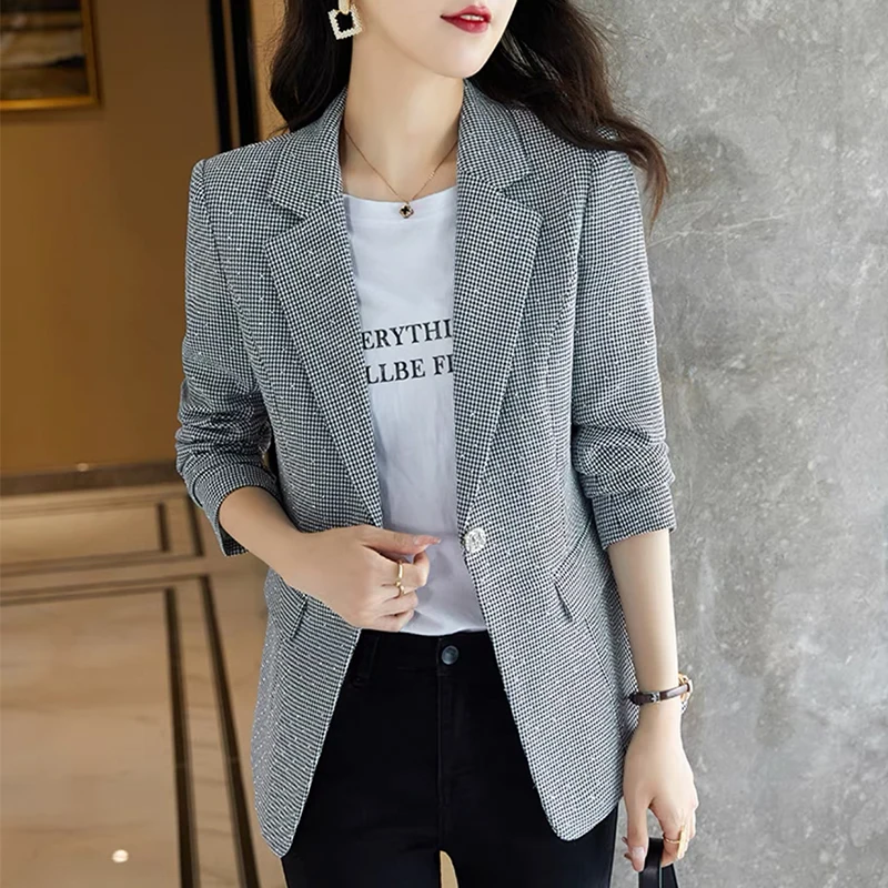 

Women Elegant Plaid Blazer Long Sleeve Single Button Slim Coat Formal Office Work Jacket Outerwear Shiny Chic Tops 2022 New