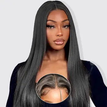 Peluca lisa negra natural de cabello humano con encaje HD frontal 7x6 1