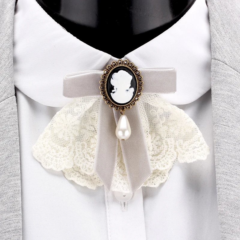 Elegant Lace Velvet Ribbon Bowknot Bronze Plated Queen Cameo Beauty Head Venetian Pearl Water Drop Women Brooch Lapel Pins Gifts metal brooch,enamel brooch,pearl beaded brooch