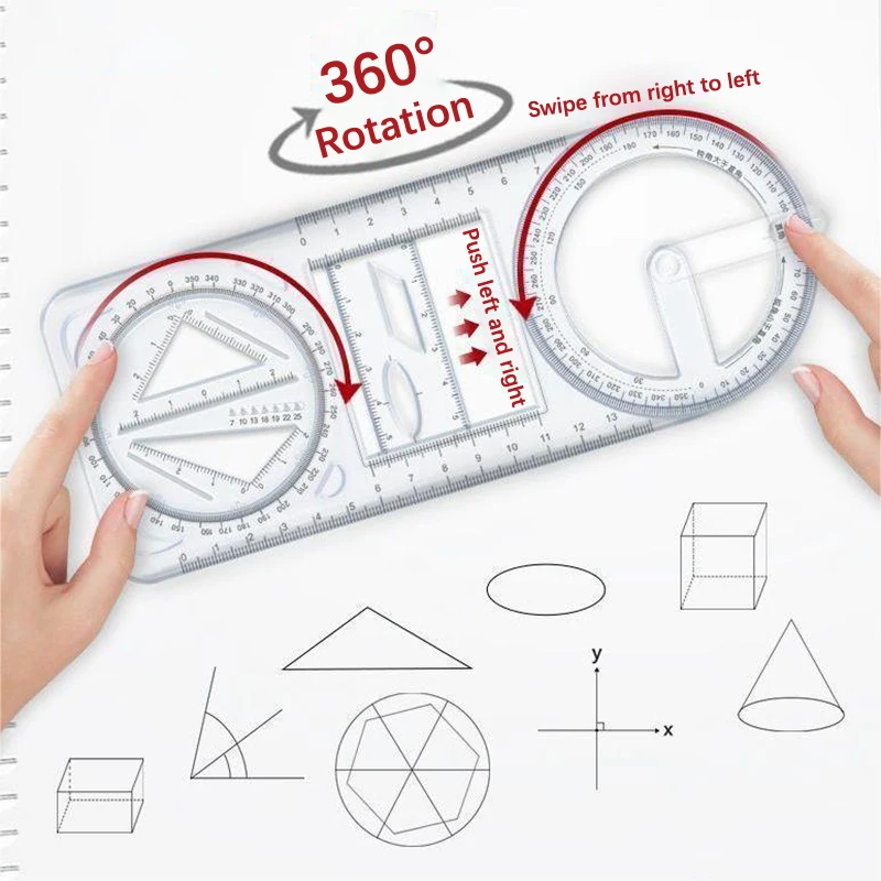 1PCS Elementary School Mathematics Students Use a Portable Transparent 3D Multi functional 360 &deg; Geometric Drawing Ruler