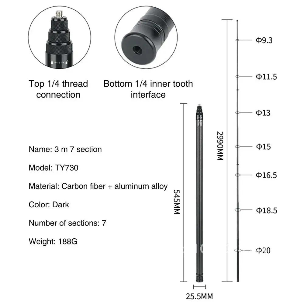 300CM Super Long Carbon Fiber Invisible Selfie Stick for Insta360 X3 /Action 3 /GoPro 12 11 10 9 8 Sports Camera Selfie Stick