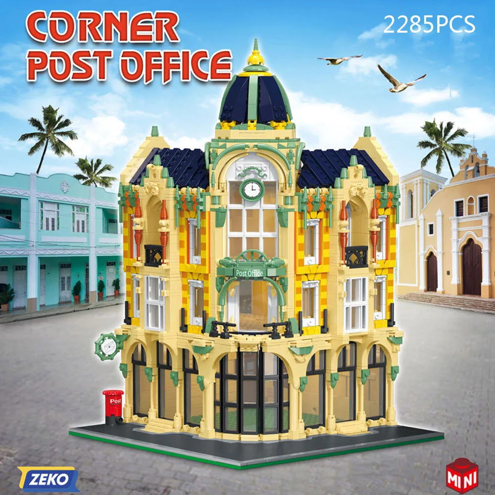 City Street View Architecture Corner Post Office Mini Block Streetscape Model Building Brick Figure Assemblare La Collezione Di Giocattoli