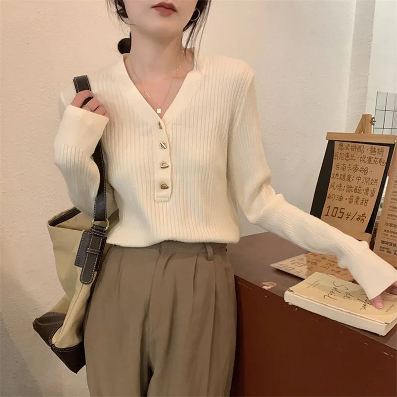 

Женский тонкий свитер с V-образным вырезом, однобортный приталенный пуловер с длинными рукавами в Корейском стиле, яркая Женская универсальная трикотажная одежда на осень