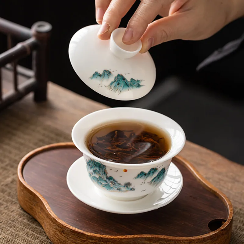 Hand-painted Ceramic Tea Tureen Chinese Portable Tea Maker Three-cai Gaiwan Home White Porcelain Tea Set with Cover Teacup 140ml