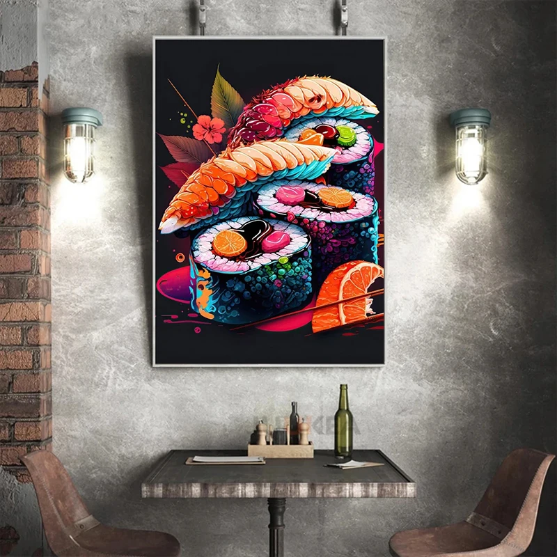 Japanese Salmon Sushi Canvas Wall Art - Cute Aesthetic Poster for Kitchen and Home Decor