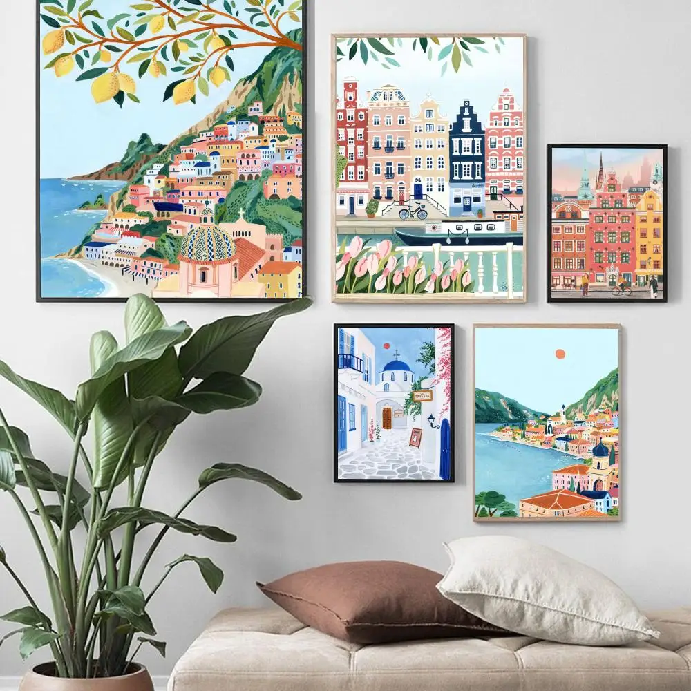Landscape Nordic Posters And Prints Barcelona Santorini Positano Vintage Room Bar Cafe Decor Stickers Wall Painting
