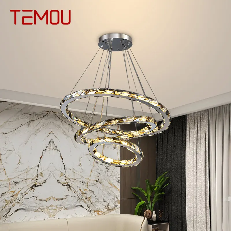

TEMOU Contemporary Crystal Pendant Light Creative Rings LED Luxury Round Chandelier Lamp Decor For Living Dining Villa