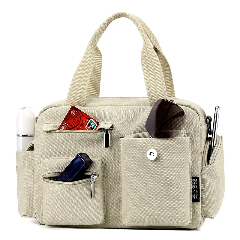 New Canvas Handbag Women's Shoulder Crossbody Bag Fashionable and Casual Trendy Canvas Multi Pocket Zipper Tote Bag