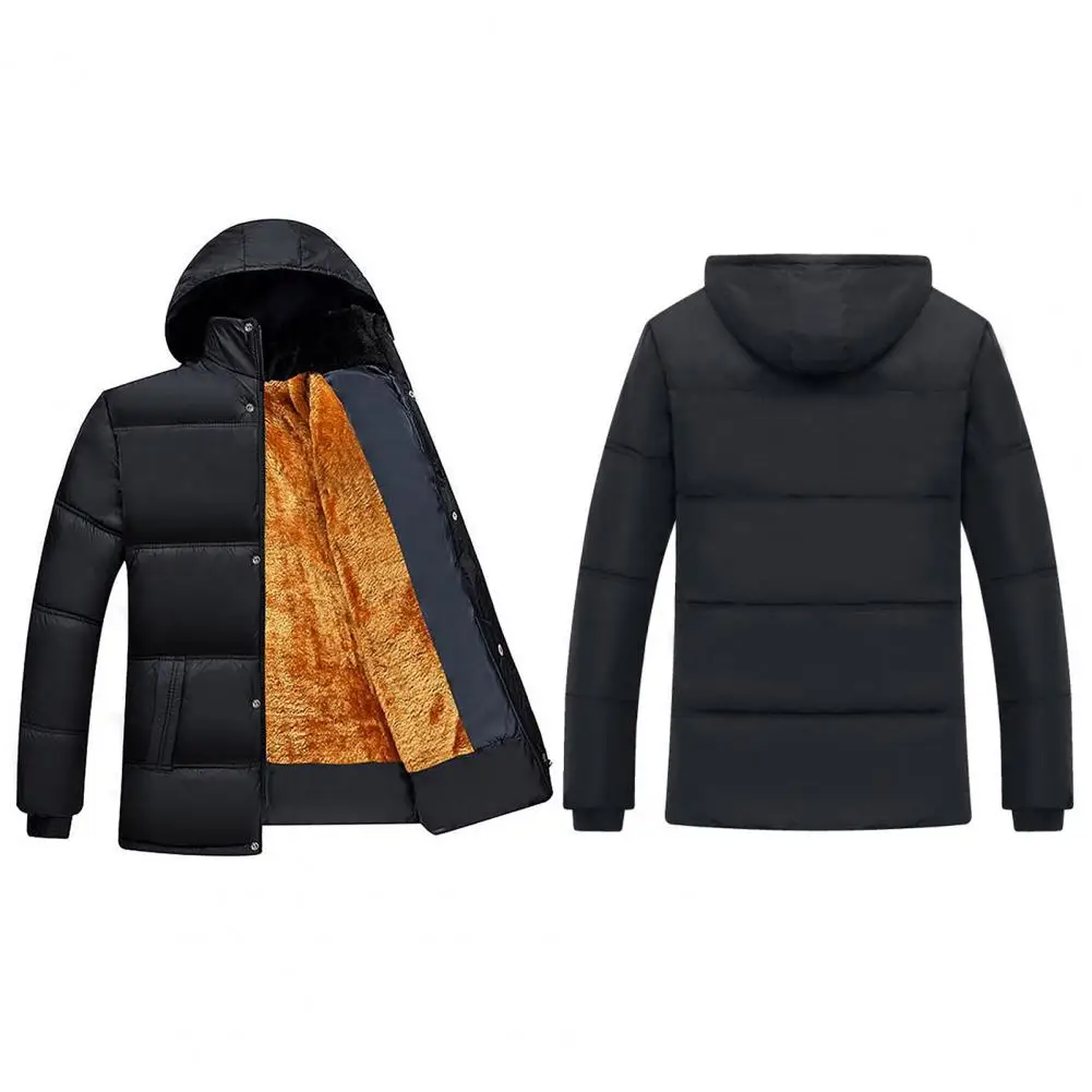 

Трендовая куртка с капюшоном для мужчин среднего возраста, зимнее хлопковое пальто с подкладкой, плюшевое, ветрозащитное, с капюшоном, на пуговицах, стильные средней длины с эластичными манжетами