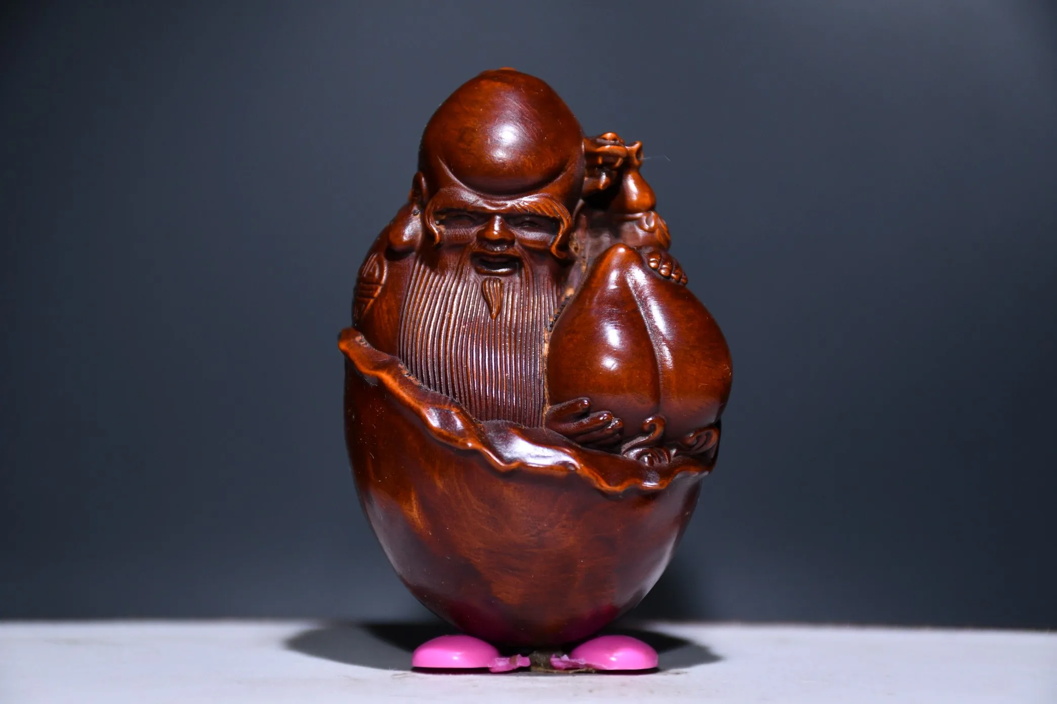 

3"Tibetan Collection Old Boxwood longevity god hold a peach god of longevity Gather fortune office ornament Town house Exorcism
