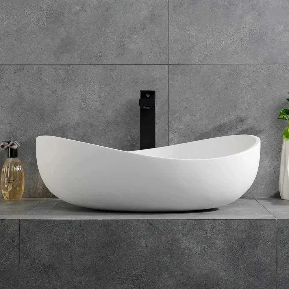 Oval Vessel  Stone Resin Bathroom Sink Modern Art Sink Matte White with Pop Up Drain (Glossy White) 2