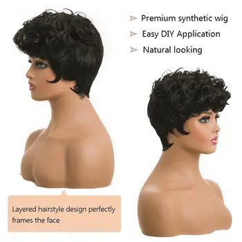 Short Pixie Wigs for Black Women Short Black Curly pixie Wigs Synthetic Hair Wigs for Black Women Natural Wavy Black pixie Cut 2